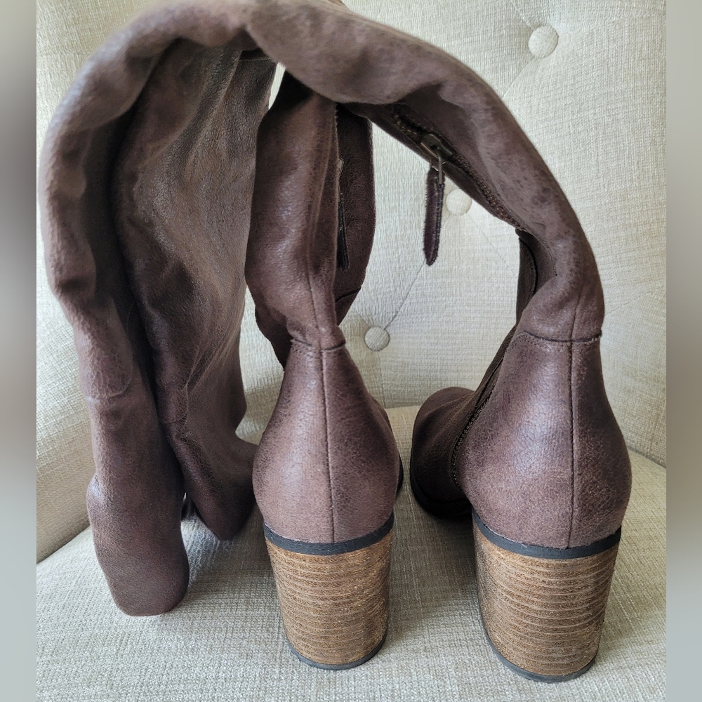 Hinge Boots Canton Brown Over The Knee Distressed 3" Chunky Block Heel S… - Picture 8 of 11